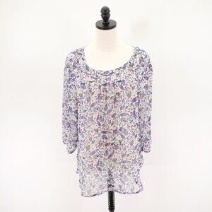 LC Lauren Conrad White Purple Blue Floral Sheer Scoop Neck Blouse Capped Large L